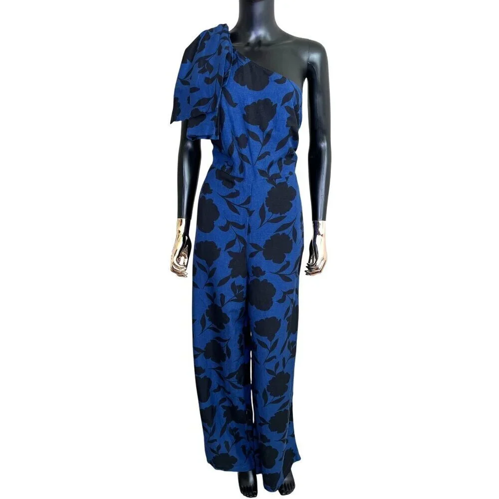 Kate Spade x Target Blue Floral One Shoulder Jumpsuit Linen Blend Size 10 NWT